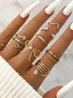 NEW 8pc Gold Ring Set – Coquette Bow, Braided & Adjustable Rings Size 6-7